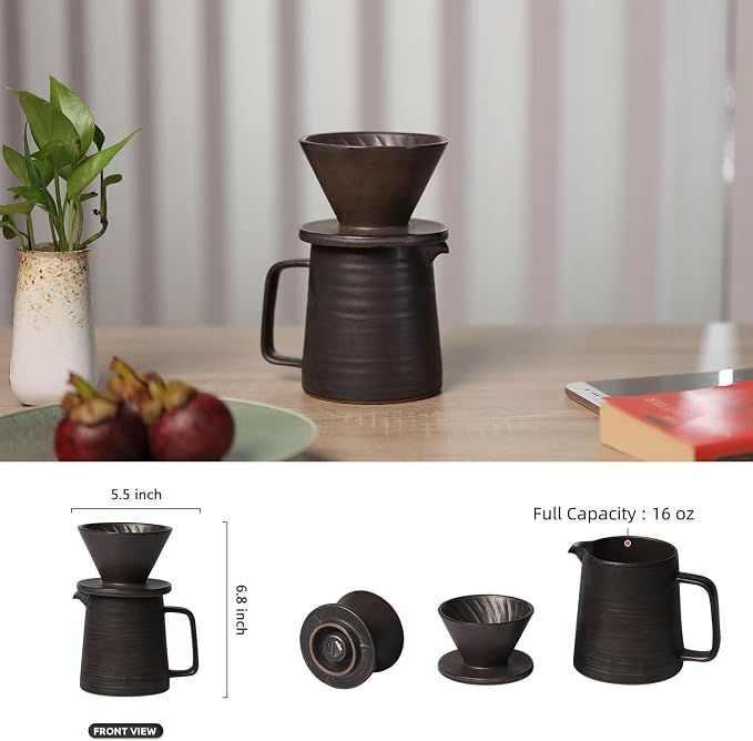 Stoneware Handmade Pour Over Coffee Maker Set, Ceramic Coffee Brewer Hand Drip - Image 8