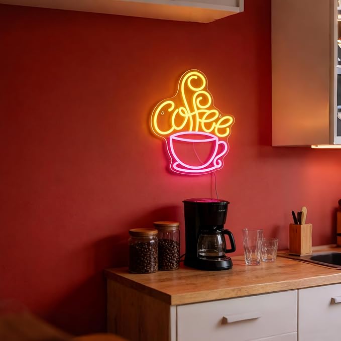 Coffee Neon Sign for Coffee Bar Decor, Dimmable Pink&Yellow Neon Lights for - Image 2