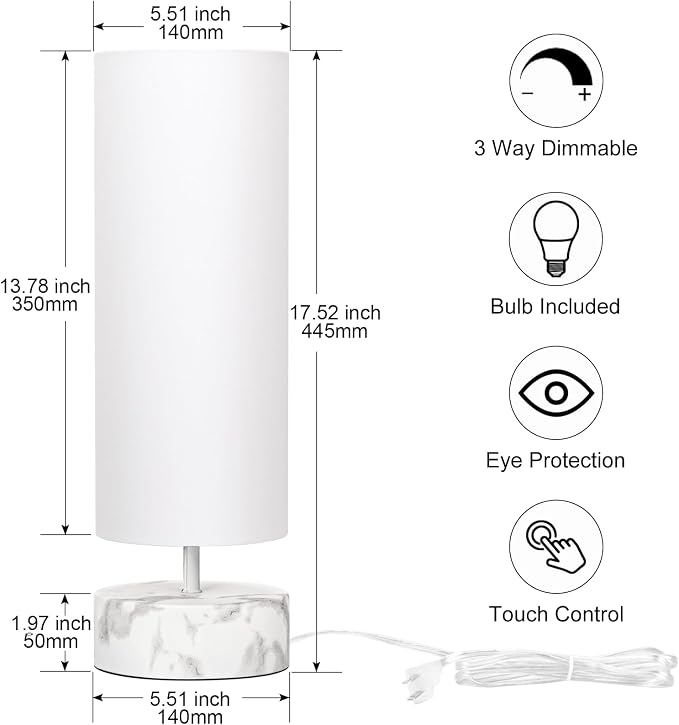 Touch Table Lamp with Metal Base Covered with Marble Grain, 3 Way Dimmable - Image 2
