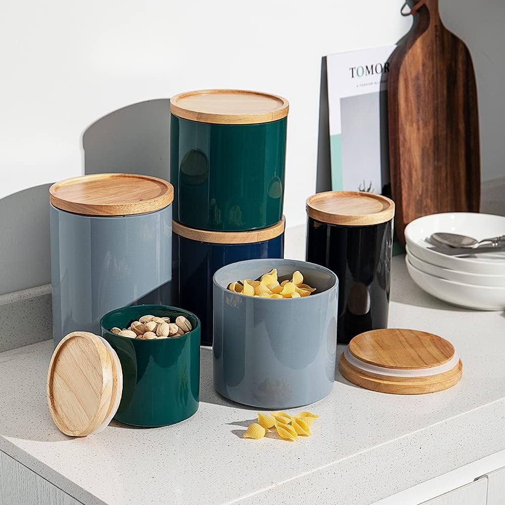 Sweejar Kitchen Canisters Ceramic Food Storage Jar, Stackable Containers with Airtight Seal Wooden Lid for Serving Coffee Bean, Flour, Tea, Cookies and More - 58 Fl Oz (Jade)