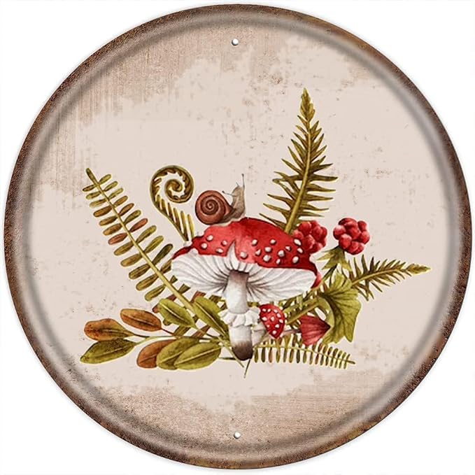 Retro Round Sign Mushroom Iron Painting Botanical Decor Nature Art Snails Print by Unknown