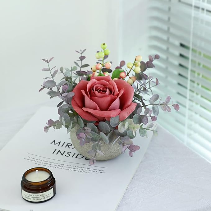 Small Artificial Pink Rose Potted Plant, Mini Faux Floral Arrangement - Image 4