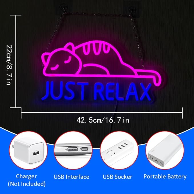 Cat Led Neon Sign Just Relax Words Neon Sign Pink Blue Led Signs - Image 2