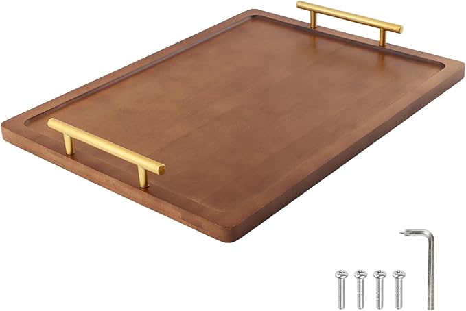 Bamboo Serving Tray with Metal Handles | Home Decorative Rectangle Ottoman - Image 3