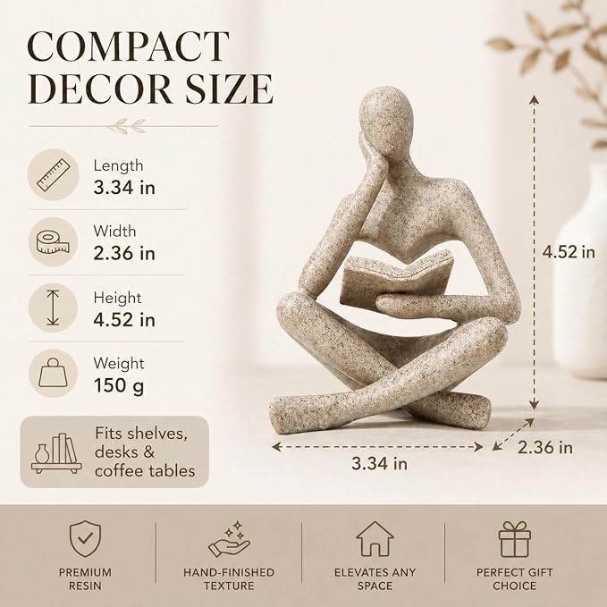 Bookshelf Decor Thinker Statue, Sand Abstract Reading Figurine, Resin - Image 2