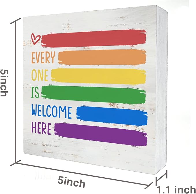 Every One is Welcome Here Wood Box Sign Decor Rustic Pride Rainbow Quote Wooden - Image 2