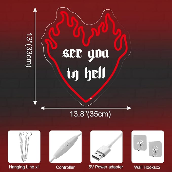 See You In Hell Neon Sign, 13.8" x 13" Red Flame Heart LED Light - Image 4