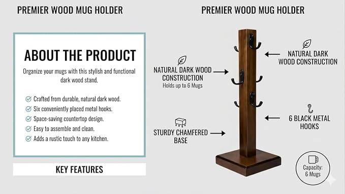 Coffee Mug Tree Stand for Countertop, Wooden Mug Holder - Image 3
