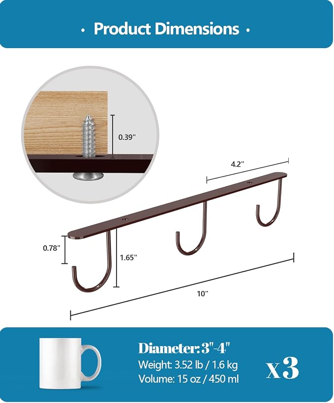 Luckinow 3 Pack Mug Hooks Under Cabinet, Coffee Mug Holder - Image 5