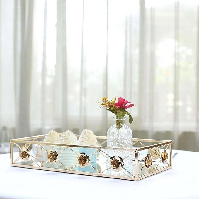 Efavormart Set of 2 Gold Metal Decorative Serving Trays Floral Bordered by efavormart