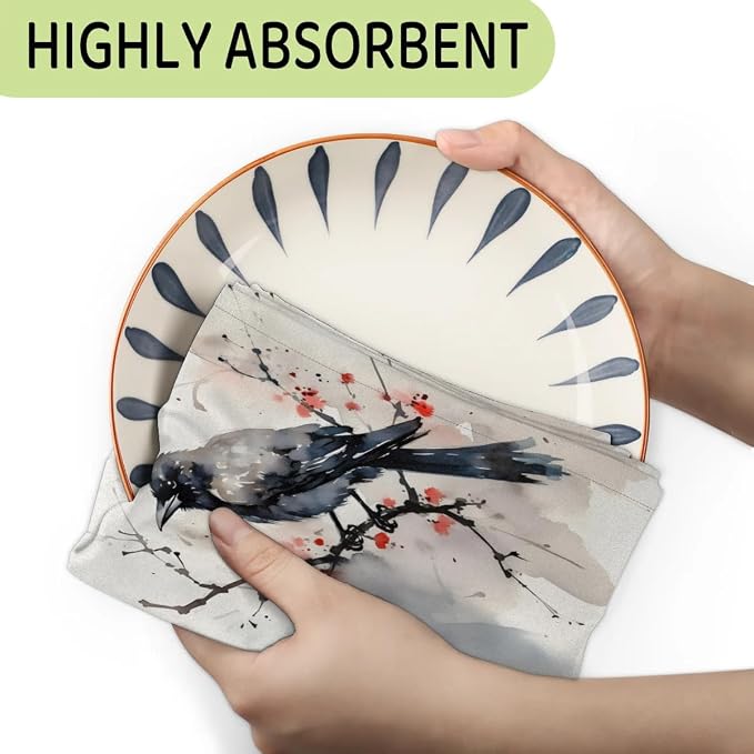 Watercolor Crow Flower Kitchen Towels Set of 2 Absorbent Drying Dish Towels - Image 3