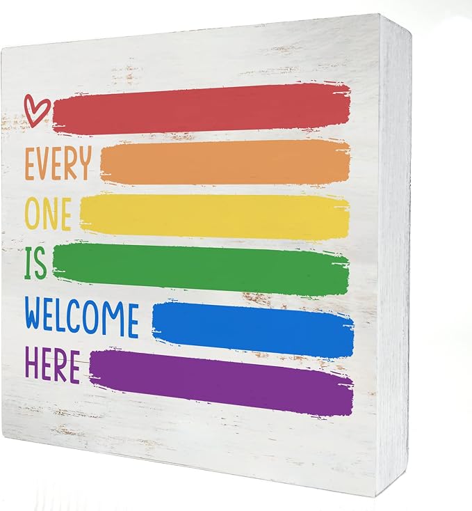 Every One is Welcome Here Wood Box Sign Decor Rustic Pride Rainbow Quote Wooden by HDKY