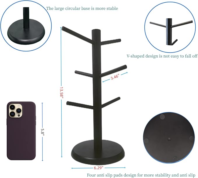 Black Coffee Mug Holder, Non-Slip Cup Tree - Image 2