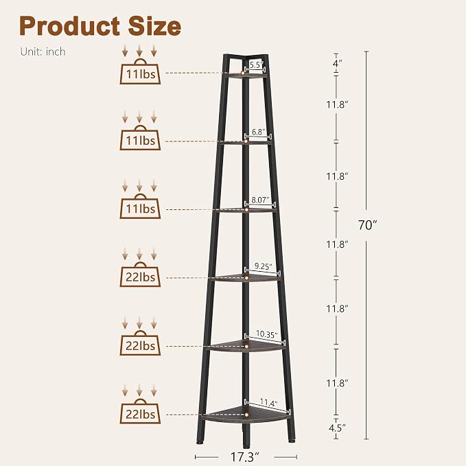 Hoctieon Corner Shelf, 6-Tier Corner Bookshelf, Rustic Ladder Shelf, Industrial - Image 2