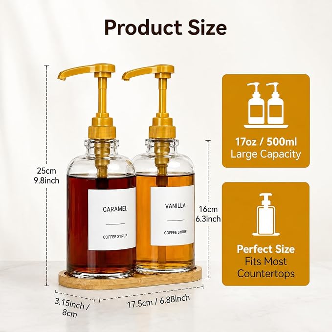 Coffee Syrup Dispenser with Tray, 2 Pack 16oz Glass Coffee Syrup Bottles with - Image 3