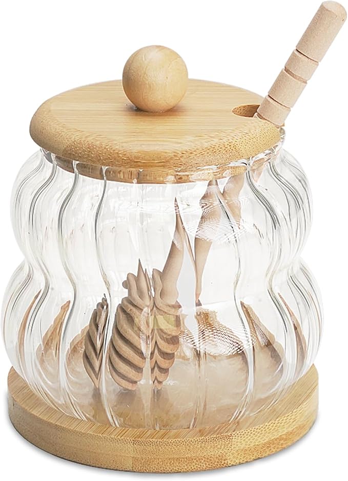 Pot with Dipper and Lid, 11oz Glass Jar with Wooden Base Tray and Wooden Lid by Phininia