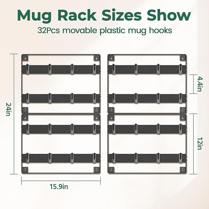 EsLuker.ly Mug Holder Hanger Rack Wall Mounted Wooden 4 Pack Coffee Cup Storage - Image 2