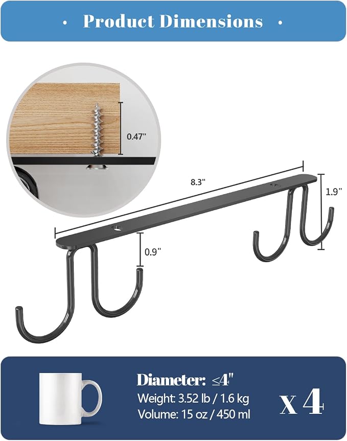 Luckinow Mug Hooks Under Cabinet 3 Pack, Metal Cup Hooks - Image 5