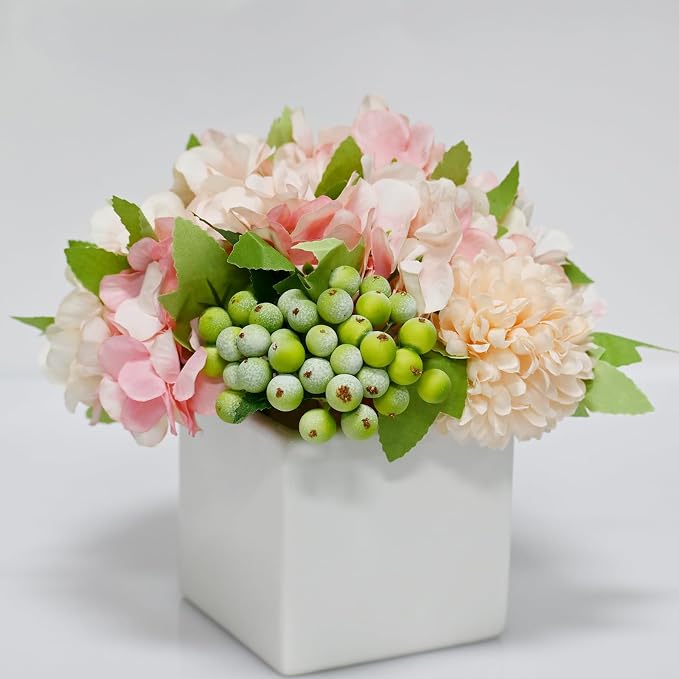 Artificial Flower Arrangement in Ceramic Vase Pink Hydrangea Home Decor | by LADADAArtificialFlowers