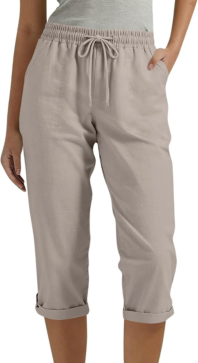 Drawstring Capri Linen Pants Women Elastic Waist Straight Leg Pant Summer Beach - Image 3