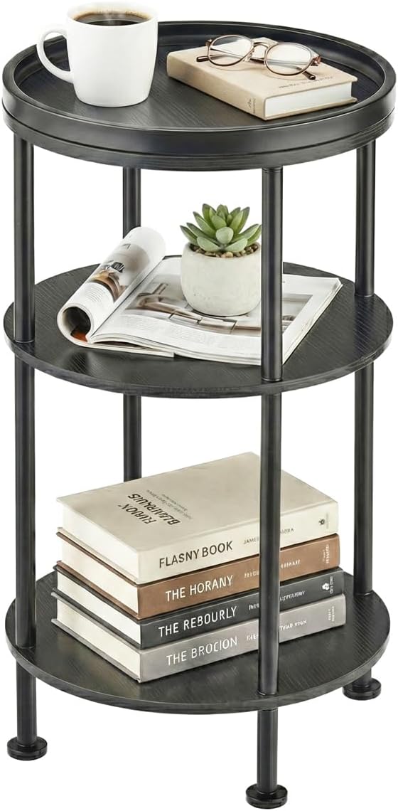 Small Round Side Table with Tray Top, 3-Tier Black End Table by Zexvida