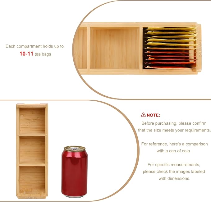 HTB Small Tea Bag Holder Pack of 2, Bamboo Tea Organizer 3 Compartments - Image 3