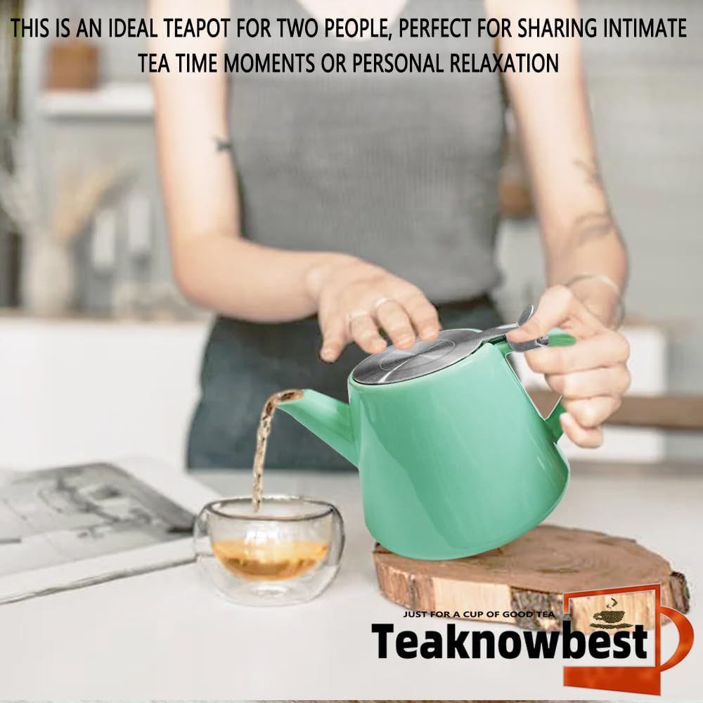 Ceramic teapot, 19oz Tea pot for loose leaf tea, Tea infuser pot with Removable 18/8 Stainless Steel Infuser and teaspoon, Suitable for 1-2 people to brew tea or coffee (azure)