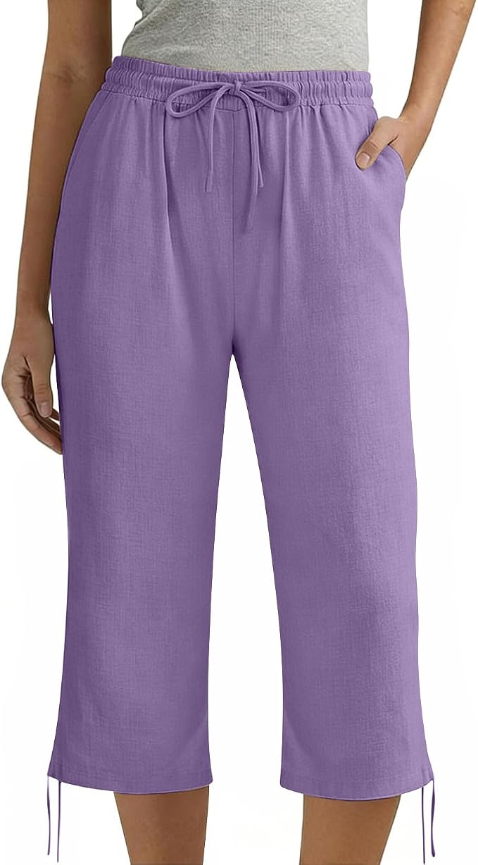 Linen Capri Pants for Women Drawstring Elastic Wide Leg Trouser 2026 Summer - Image 2