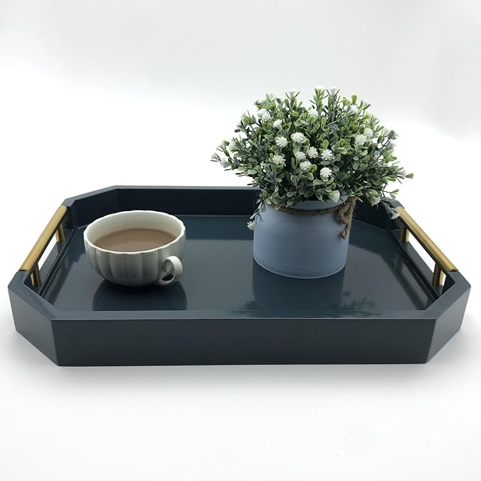 Serving Tray with Polished Metal Handles, Hexagon Coffee Table Tray, Modern - Image 3