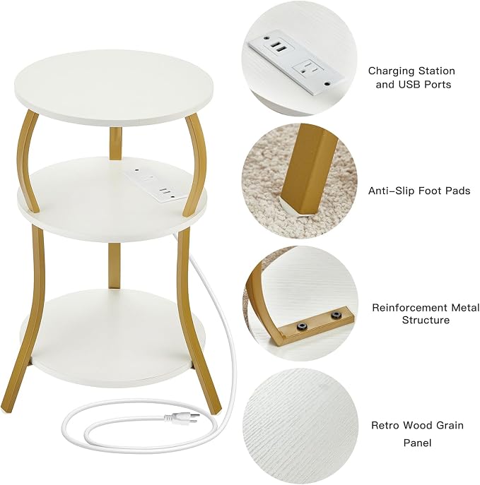 Small Round Side Table with Charging Station, 3-Tier Waist Circular End Table - Image 6