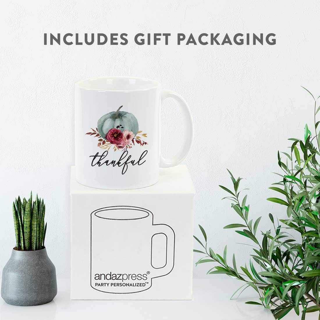 Andaz Press Fall Burgundy Marsala 11oz. Ceramic Coffee Tea Mug, Thankful, 1-Pack, Pumpkin Floral Graphic, Birthday, Friend, Family, Coworker, Autumn Season, Thanksgiving, Festive Ideas