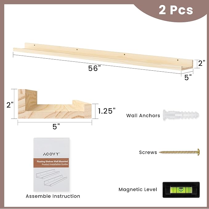Long Floating Shelves for Wall, 55 inch Solid Wood Picture Ledge Shelf - Image 3
