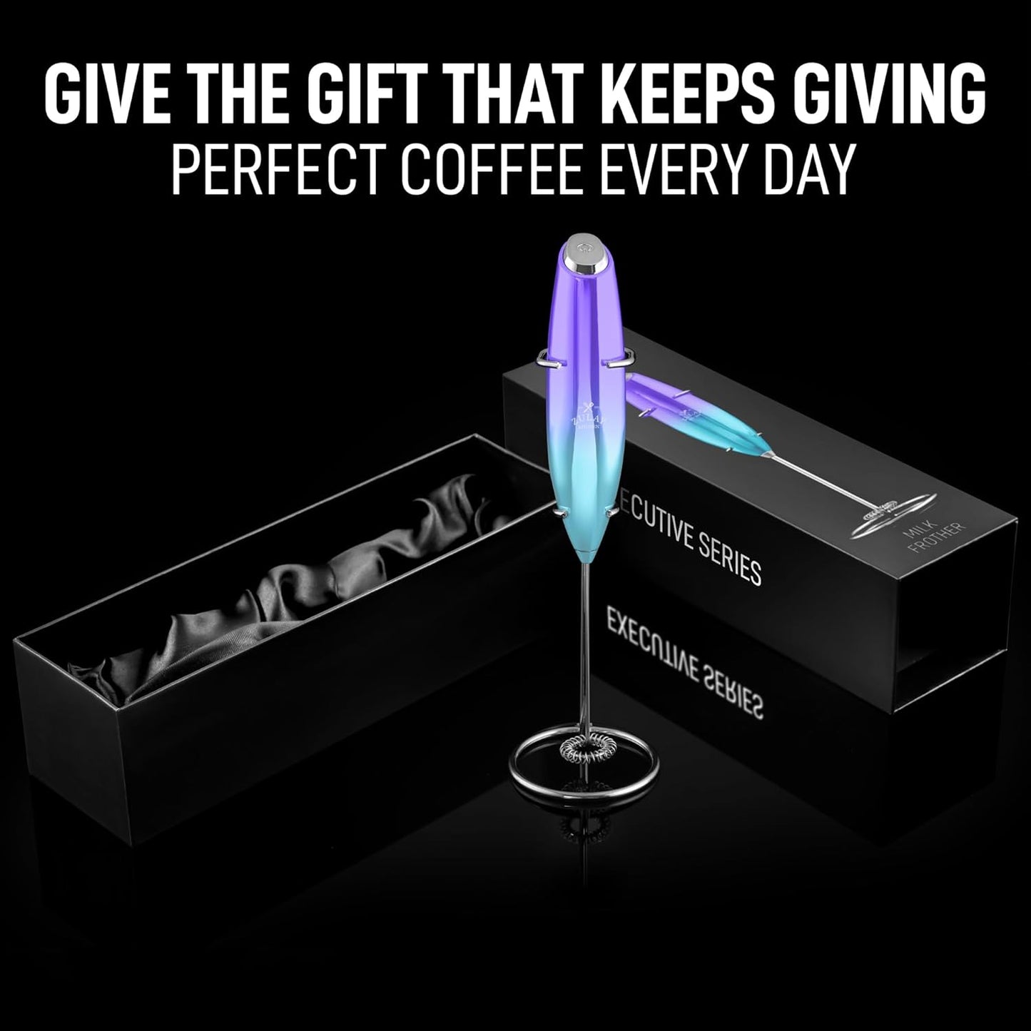 Zulay Executive Series Ultra Premium Gift Milk Frother - Coffee Frother Handheld Foam Maker For Lattes - Electric Milk Frother Handheld For Coffee - Purple Teal Fade w Silver OG Stand