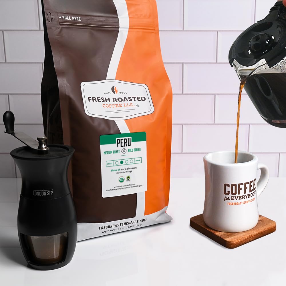 Fresh Roasted Coffee, Organic Peru | Mold & Myco 3rd Party Tested, USDA Organic, Kosher | Med Roast 5 lb (80 oz) Ground
