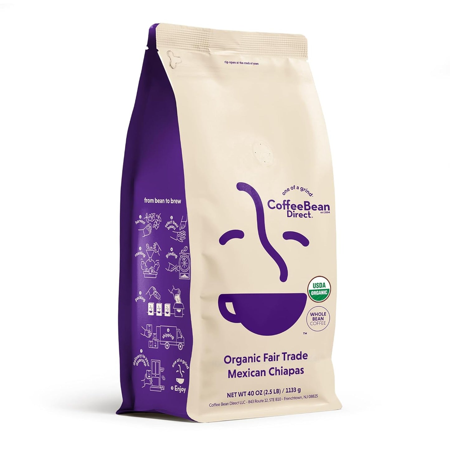 Coffee Bean Direct Organic Fair Trade Mexican Chiapas, Whole Bean Coffee, Light Roast, 2.5 Pound Bag (Pack of 1)
