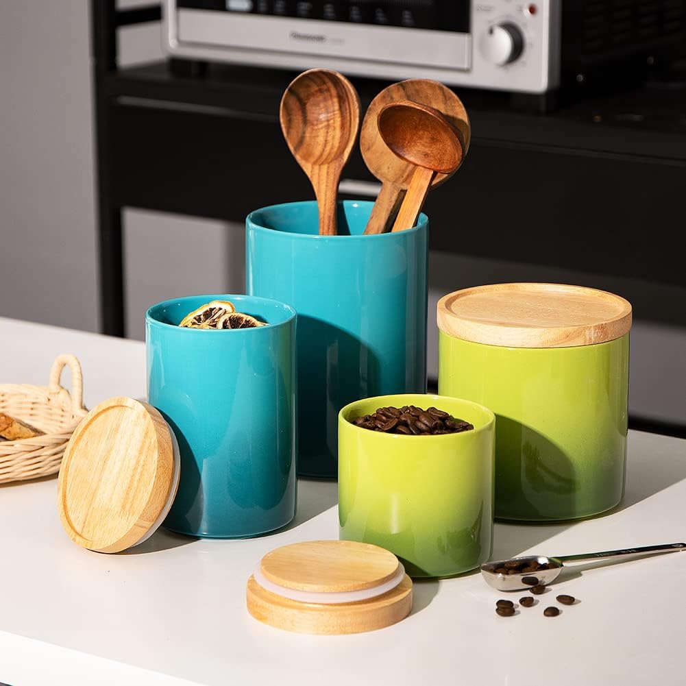 Sweejar Ceramic Food Storage Jar, Stackable Kitchen Canisters, Containers with Airtight Seal Wooden Lid for Serving Ground Coffee, Tea, Sugar, Salt and More - 28 Fl Oz (Gradient Green)