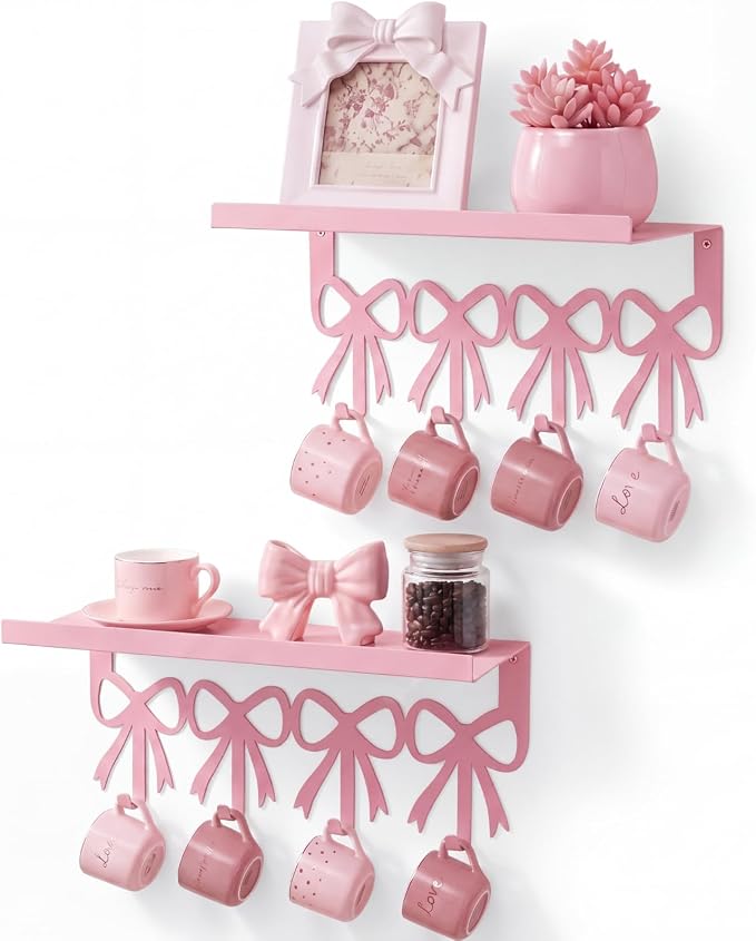 2 Pcs Pink Bow Coffee Mug Rack Pink Coffee Bar Accessories Wall Mounted by Unknown