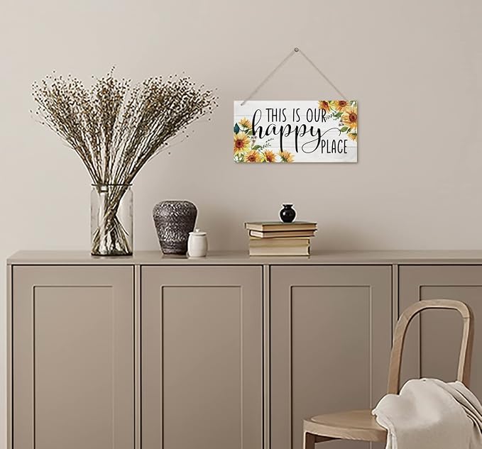 Sunflower Theme Wood Decor Sign, This Is Our Happy Place, Hanging Printed - Image 4