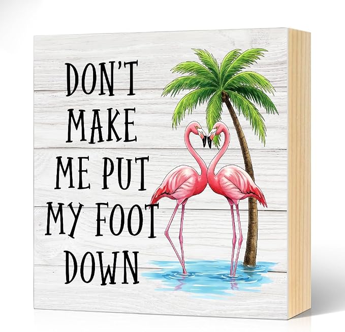 Don't Make Me Put My Foot Down Flamingo Wood Block Plaque Box Sign by Unknown