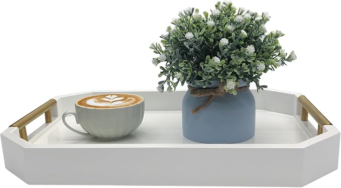 Serving Tray with Polished Metal Handles, Hexagon Coffee Table Tray, Modern - Image 2
