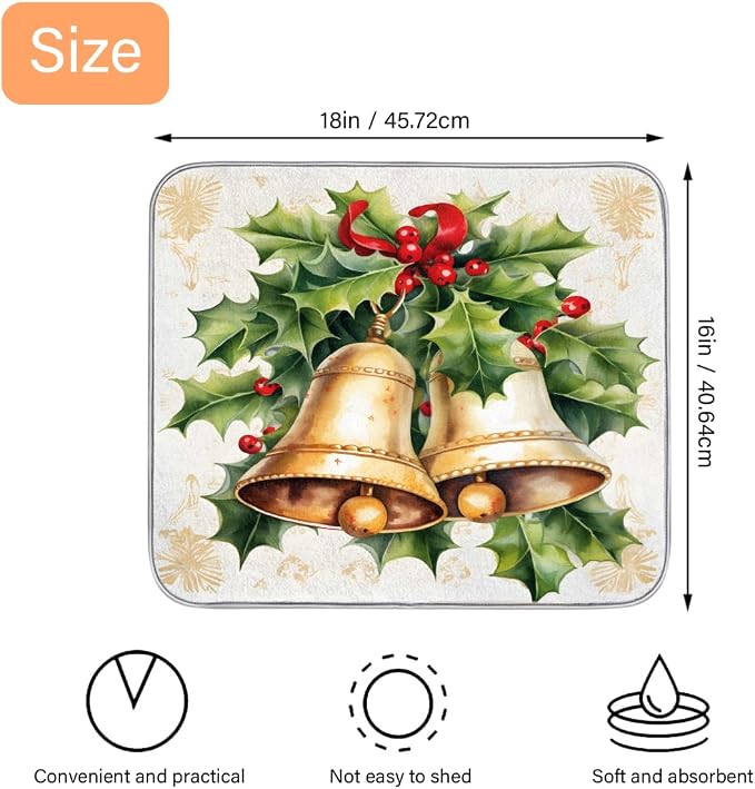 Christmas Holly Leaves And Bells Dish Drying Mat, Kitchen Counter Quick Dry Pads - Image 2