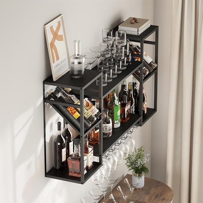 KaKaBB Wall Mounted Wine Rack, Holds 30 Bottles & 6–12 Glasses, Floating Shelves - Image 7