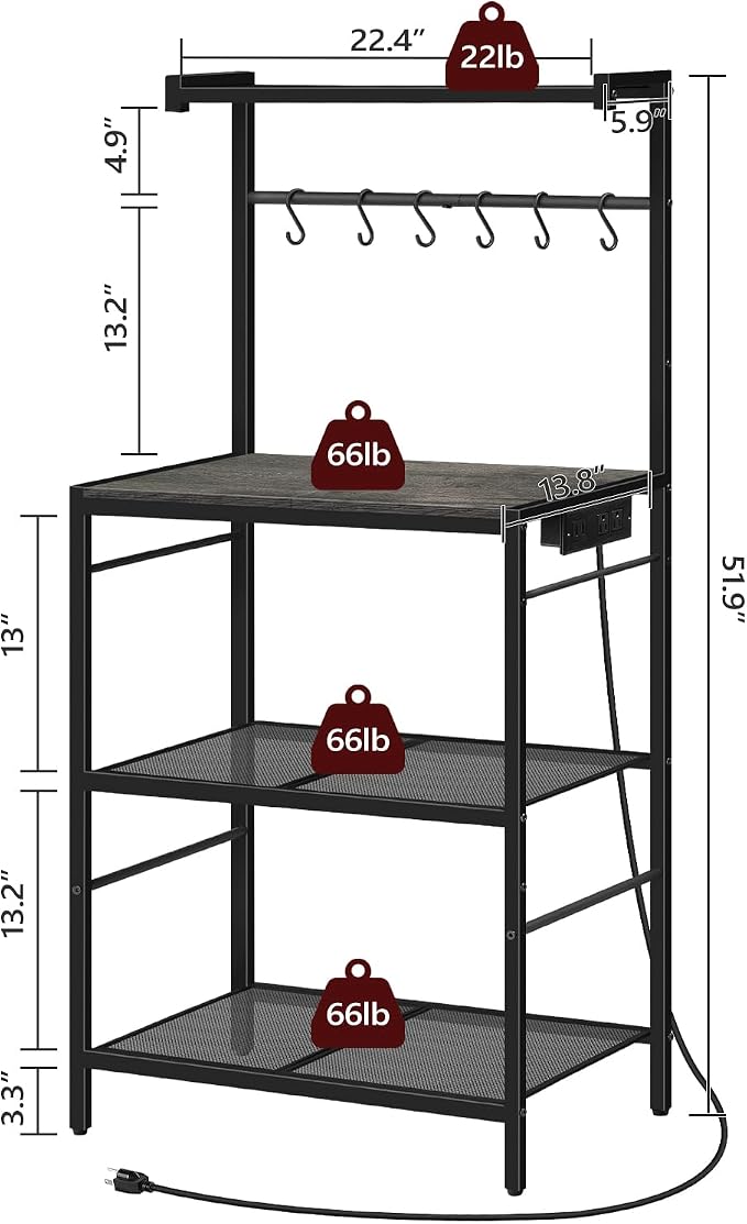 MAHANCRIS Bakers Rack with Power Outlet, Kitchen Storage Shelf with 6 Hooks - Image 2