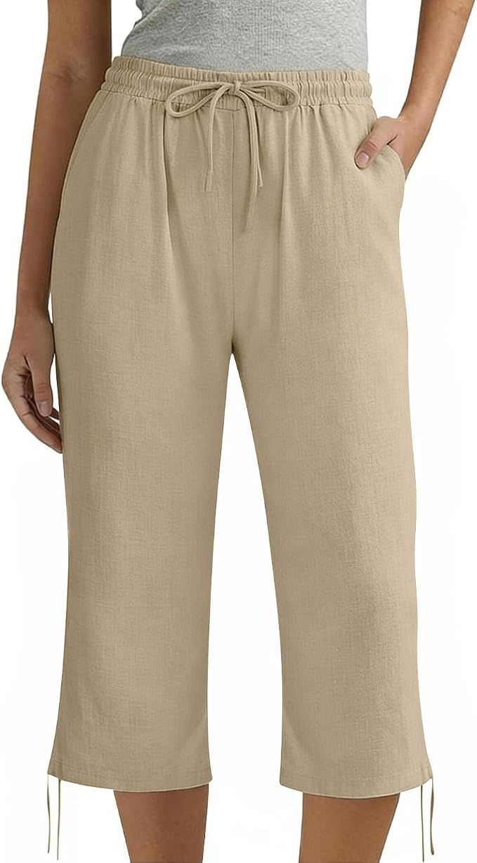 Linen Capri Pants for Women Drawstring Elastic Wide Leg Trouser 2026 Summer - Image 2