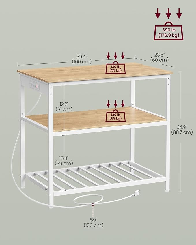 VASAGLE Kitchen Island with 3 Shelves, Kitchen Shelf with Power Strip, 23.6 x - Image 3