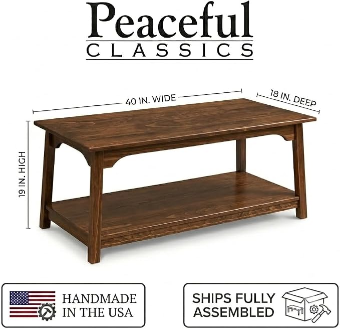 Peaceful Classics Rustic Wood Shaker Coffee Table Amish Furniture, 2 Tier - Image 3