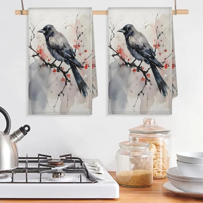 Watercolor Crow Flower Kitchen Towels Set of 2 Absorbent Drying Dish Towels - Image 5