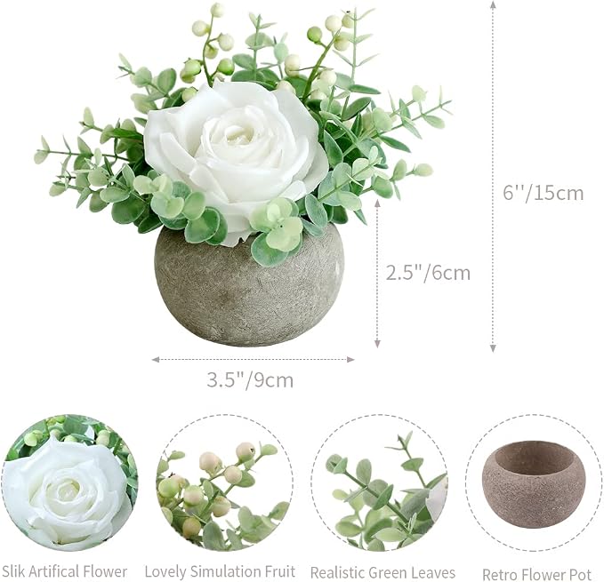 Small Artificial White Rose Potted Plant, Mini Faux Floral Arrangement - Image 3