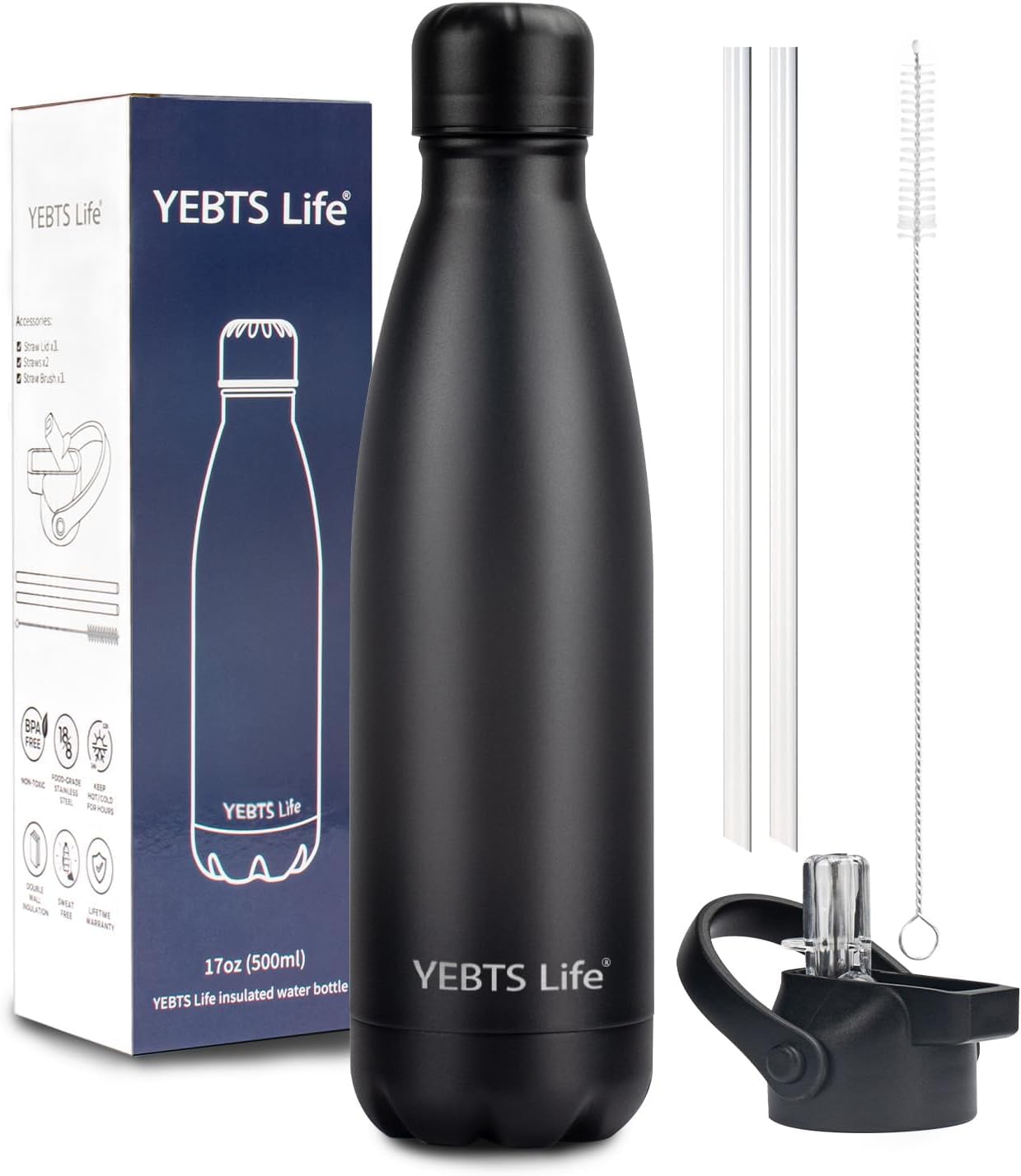 Insulated Water Bottle, 17oz Stainless Steel Water Bottles with straw lid, Metal Sports Water Bottles for Boys,Girls, Double Wall Vacuum BPA-Free Flask for School, Sports & Travel-Black