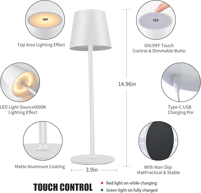 BGFHome 2Pack Cordless Table Lamp LED Desk Lamp, 5000mAh Rechargeable Touch - Image 5